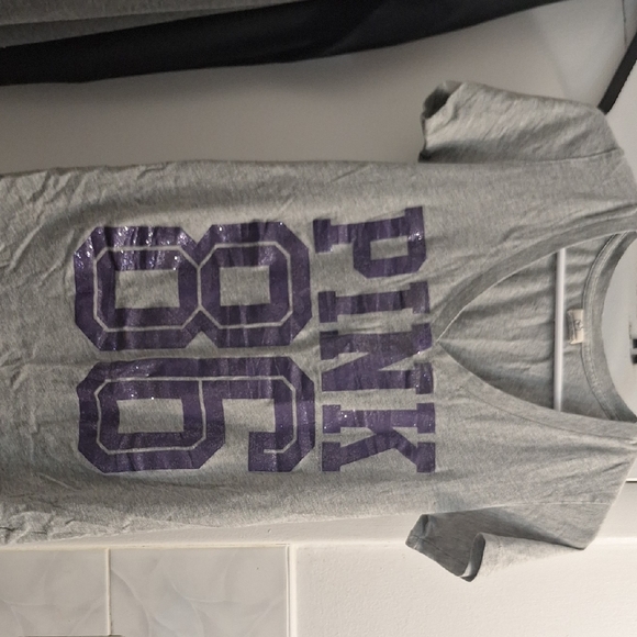 PINK Victoria's Secret Gray Tee with Purple Print - Picture 1 of 4